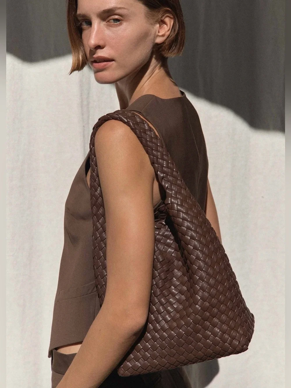 NWT Rylan Alt-Leather Small Woven Tote brown (with pouch and dust bag)